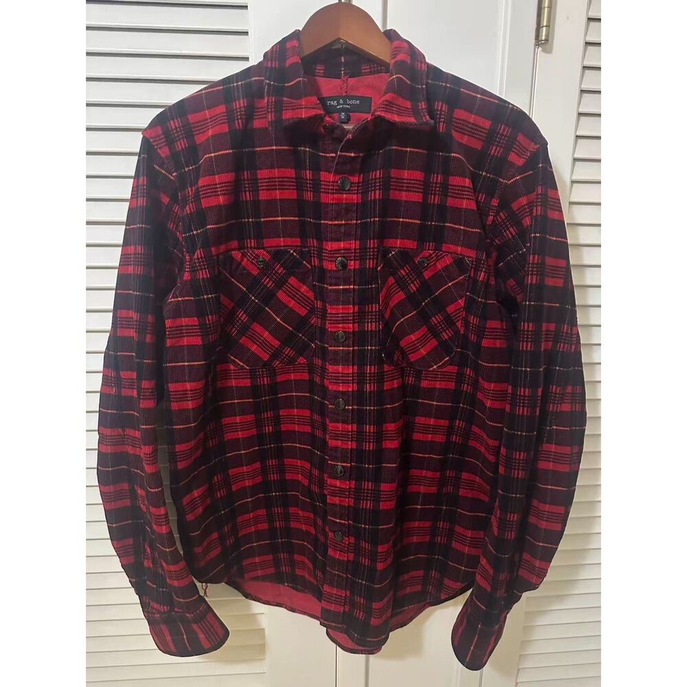 Rag & Bone Engineered Plaid Corduroy Shirt Mens Medium M Black Red